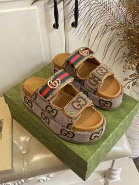 Gucci Monogram Canvas Adjustable Velcro Platform Slides
